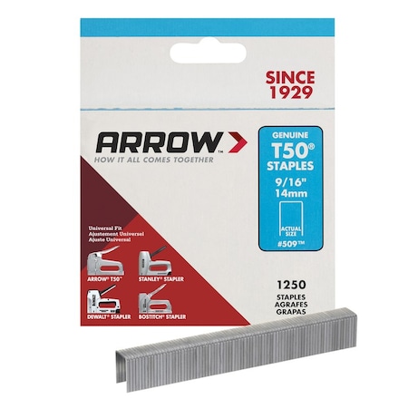 Arrow Fastener Heavy Duty Staples, 18 ga, Flat Crown, 9/16 in Leg L, Steel 50924